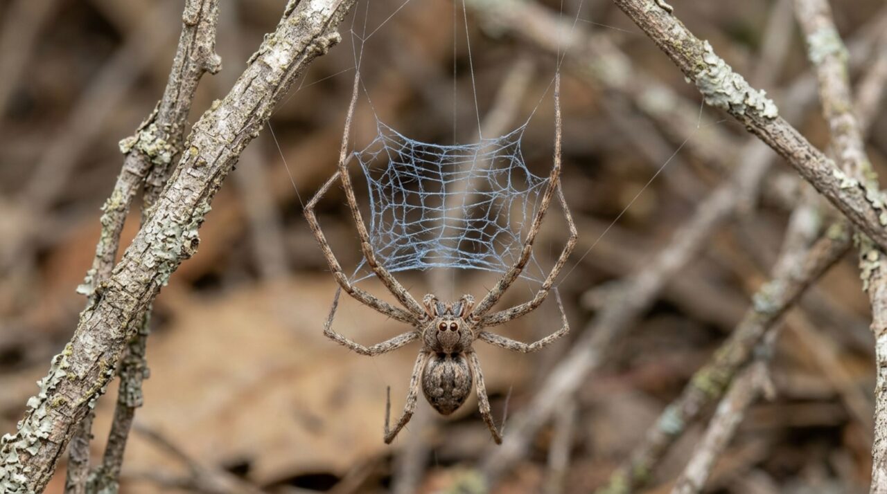 Detalhe da malha de seda elástica mantida entre as patas dianteiras para capturar presas