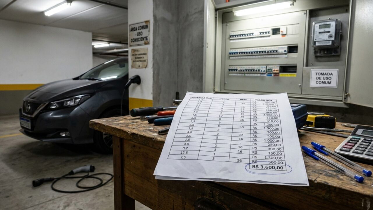 Morador carrega carro elétrico na tomada comum da garagem por 11 meses, condomínio calcula consumo de R$ 3.600 sem medidor individual e envia toda a cobrança de uma só vez
