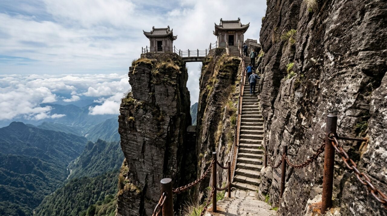 Escadarias, apoios laterais e a pequena ponte mostram como os templos da Montanha Fanjing foram adaptados ao espaço mínimo do pináculo rochoso