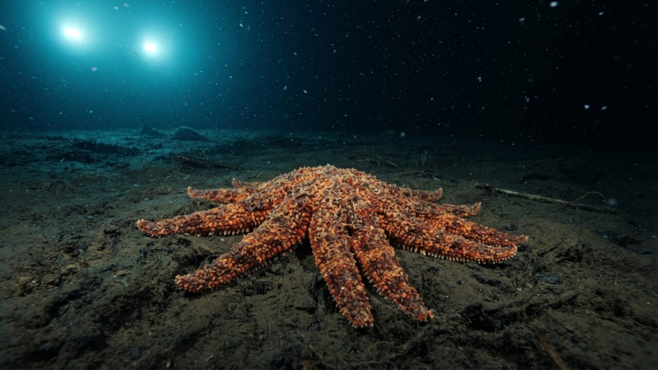 Esta estrela-do-mar corre sobre milhares de pés minúsculos e caça peixes a até 3.500 metros de profundidade