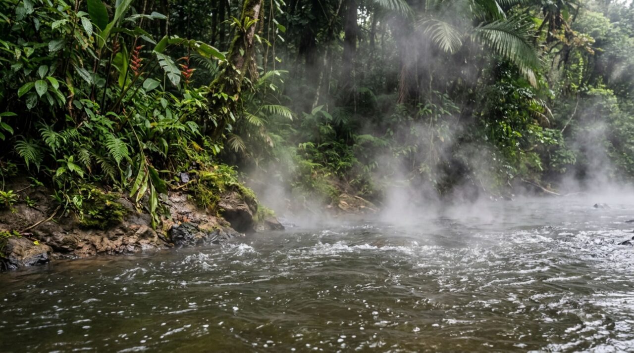 Detalhe do vapor emergindo das aguas aquecidas do rio