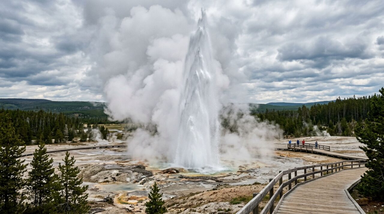 O Steamboat Geyser pode lançar água a mais de 100 metros de altura e depois passar anos ou décadas quase parado; entre 2018 e 2025, teve 177 grandes erupções