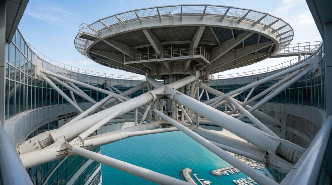 Estrutura metálica de aço que sustenta a plataforma do heliponto do Burj Al Arab