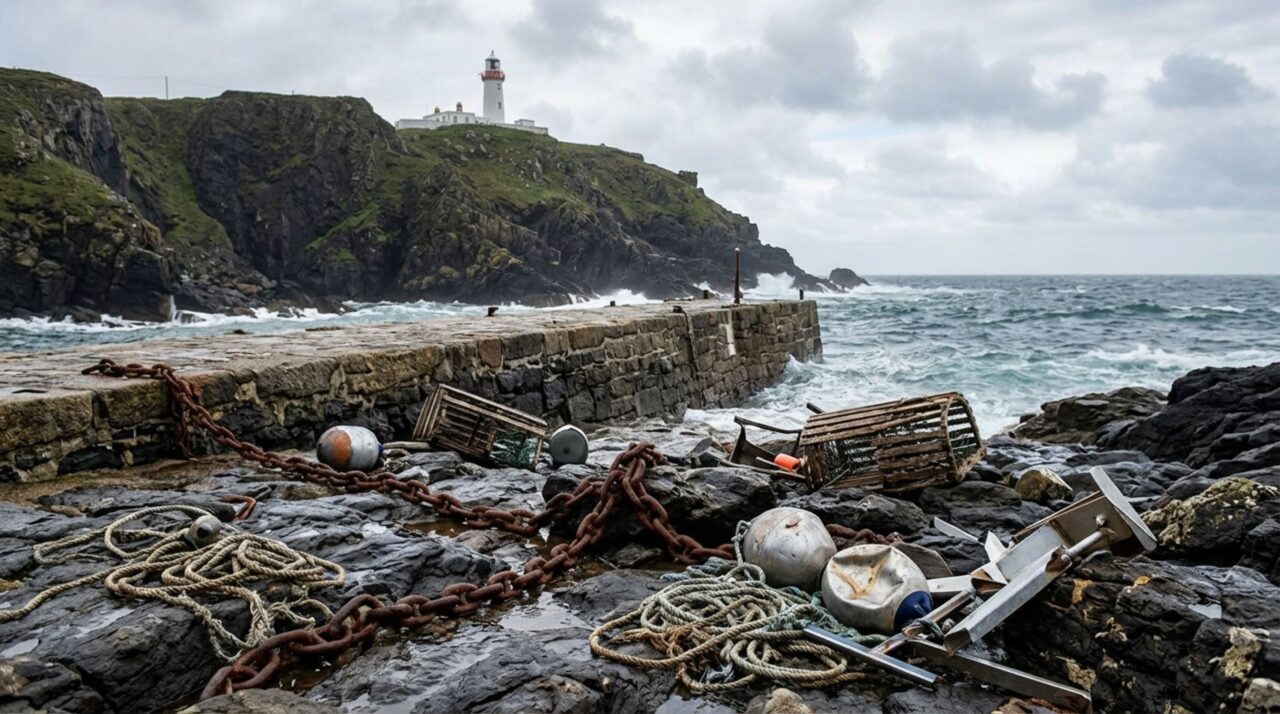 Estruturas de ferro destruídas pela força do mar revelam o perigo no desembarcadouro