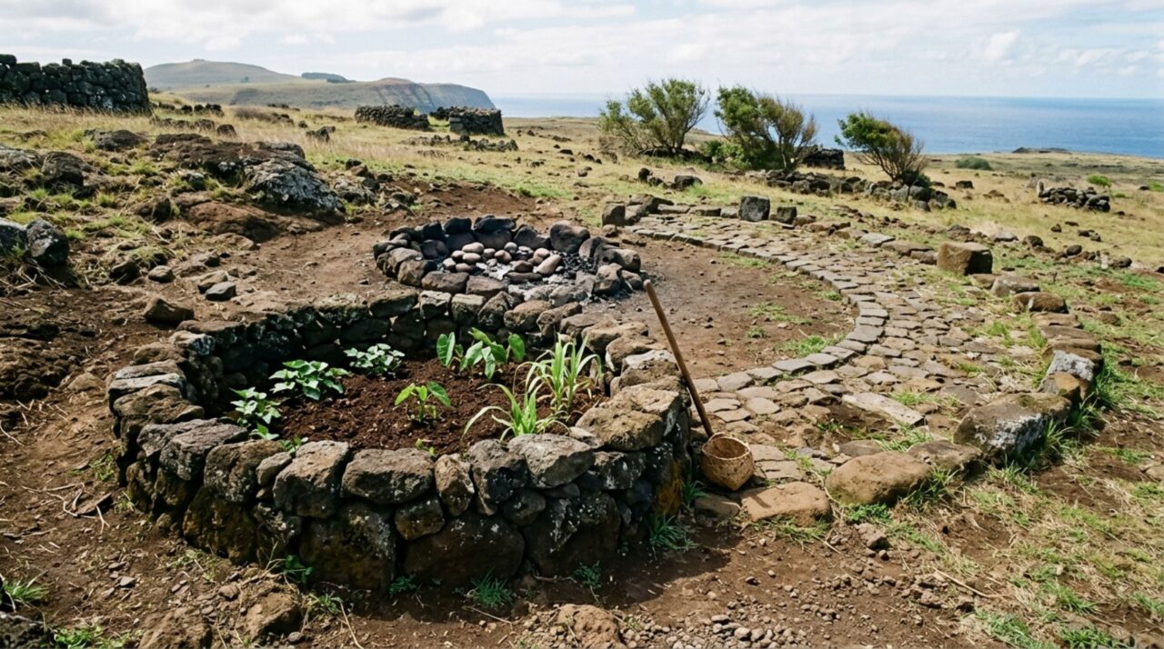 Manavai, hare paenga e umu pae ajudam a mostrar como os habitantes de Rapa Nui organizavam cultivo, moradia e preparo de alimentos