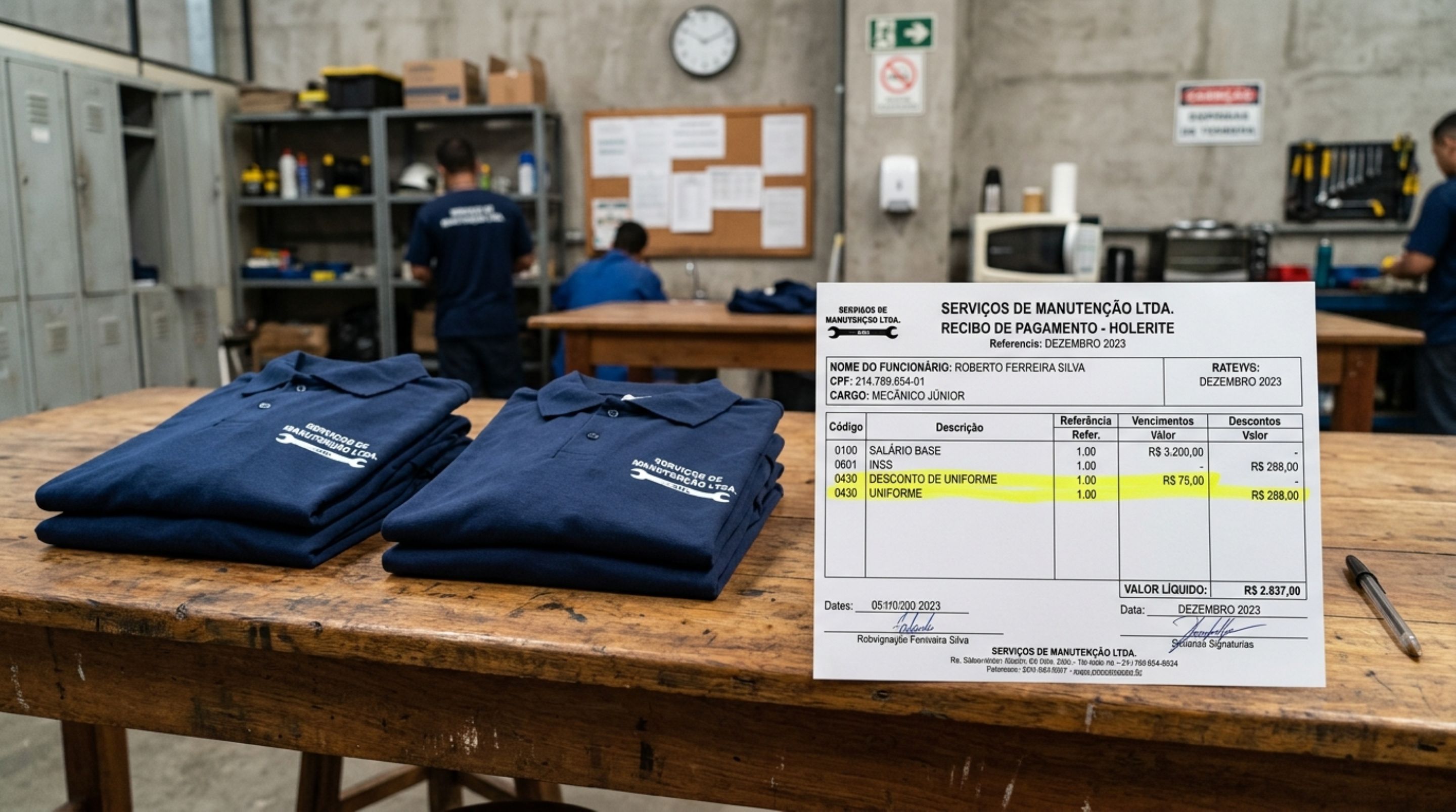 Funcionária começa a trabalhar em loja, recebe dois uniformes obrigatórios e, no primeiro salário, encontra desconto pelas peças, RH diz que todo empregado paga o próprio kit e trabalhadora questiona a cobrança - QTU Questões do Universo