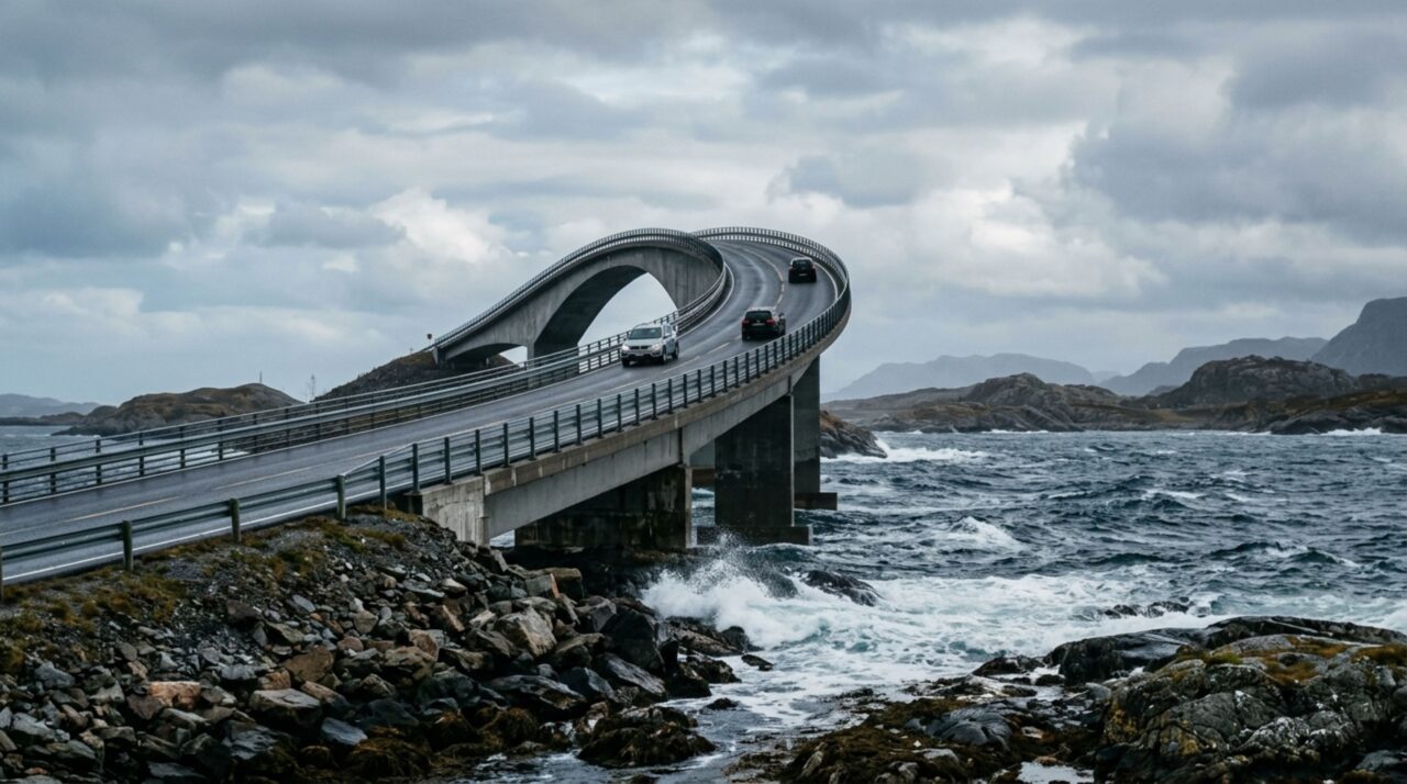 A ponte curva de 260 metros na Noruega que parece terminar no oceano e enfrenta tempestades no caminho