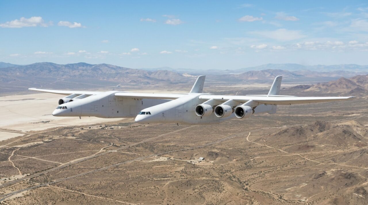 O maior avião do mundo com 117 metros de asa e dois corpos que foi projetado para lançar foguetes direto para o espaço