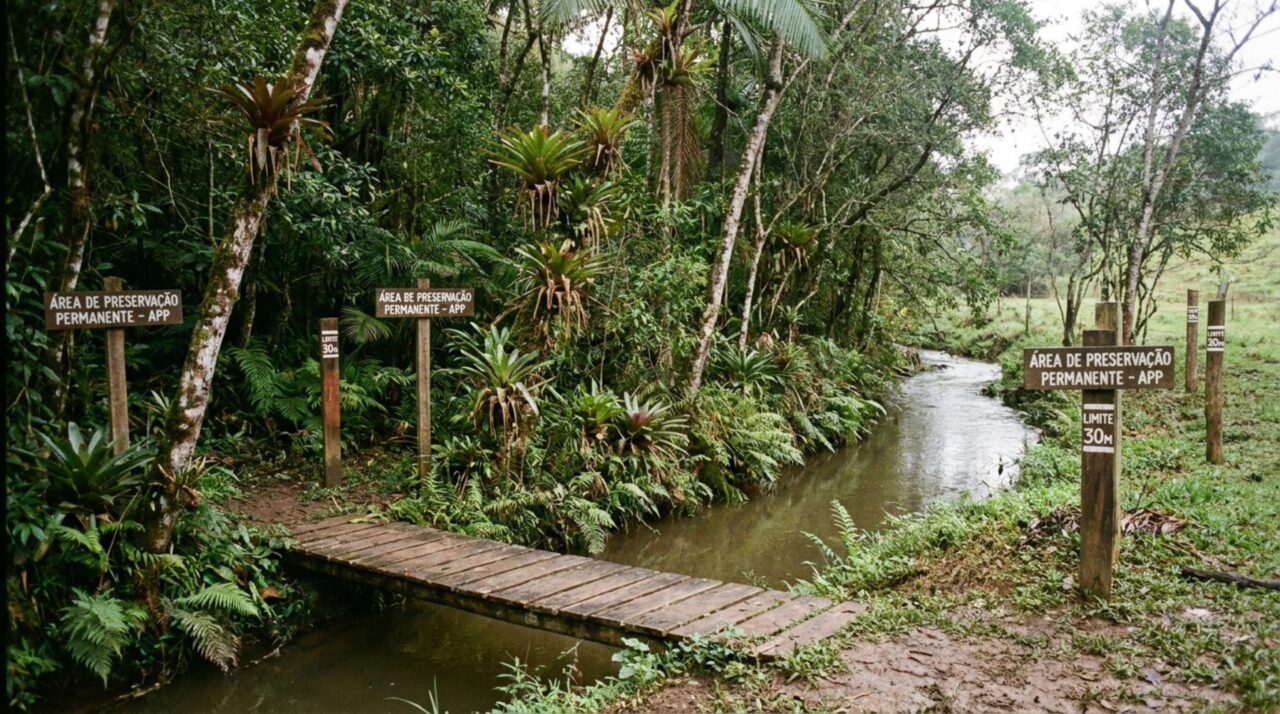 Família compra chácara cortada por pequeno córrego, constrói uma ponte para chegar ao outro lado do terreno e descobre que a obra pode envolver área ambientalmente protegida