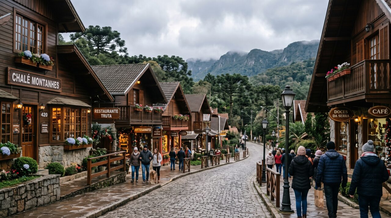 O charme, a gastronomia e a arquitetura de inverno em Monte Verde, Minas Gerais.