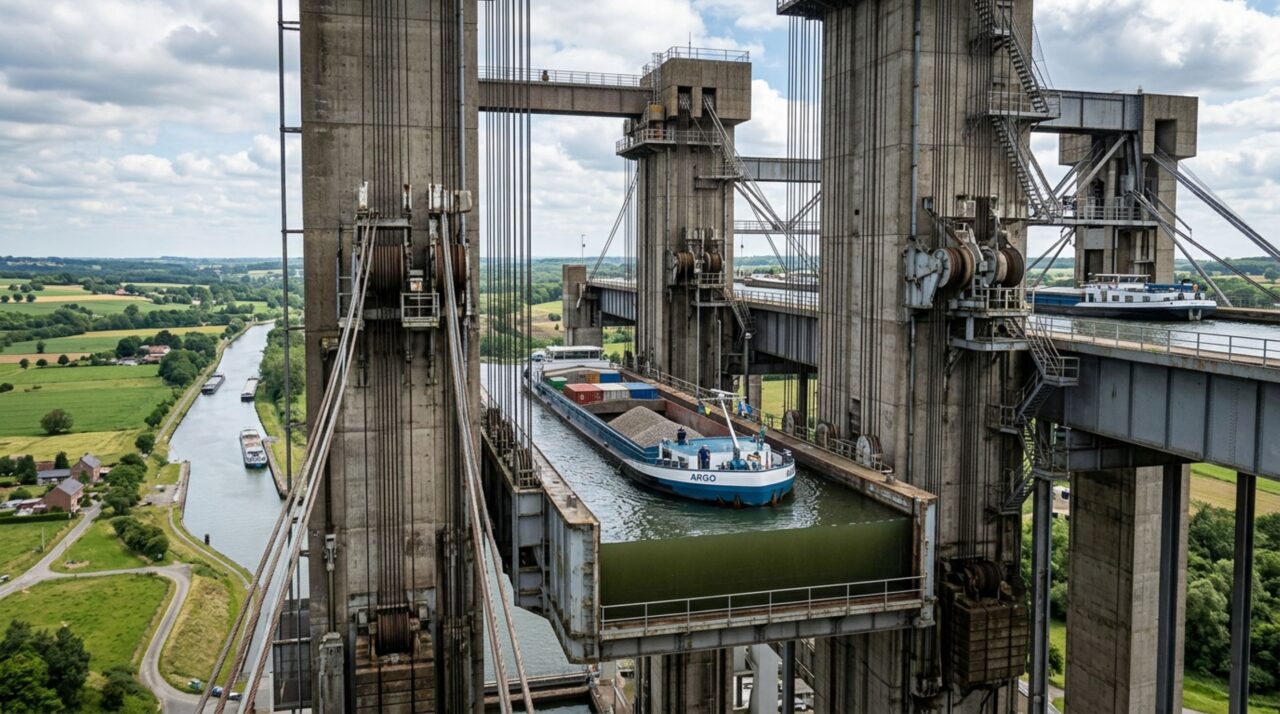 Na Bélgica, barcos de até milhares de toneladas entram em uma enorme caixa cheia de água e são elevados verticalmente por mais de 70 metros, vencendo em poucos minutos uma diferença de nível que antes exigia várias estruturas sucessivas