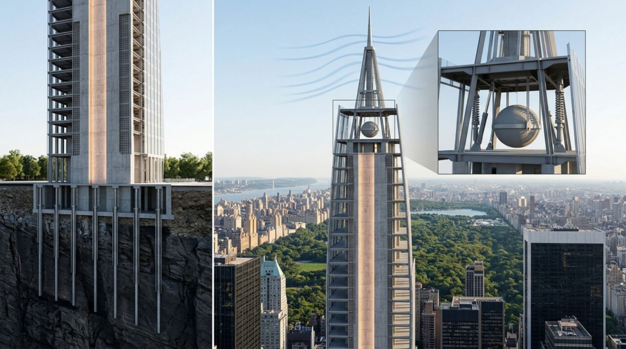 No 111 West 57th Street, paredes estruturais, fundações robustas e um amortecedor no topo trabalham juntos para controlar o balanço causado pelo vento