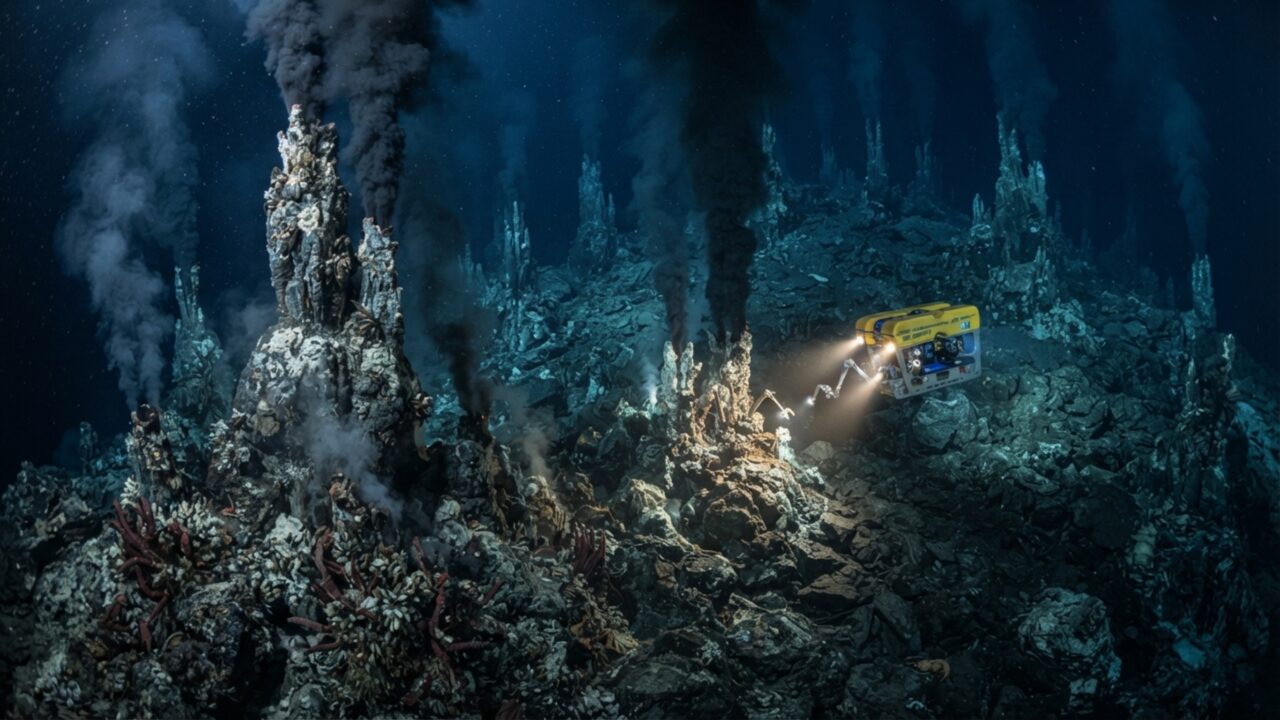 No fundo do mar, minerais saem da água e constroem chaminés que podem ultrapassar 50 metros, enquanto o interior continua expelindo fluidos superaquecidos