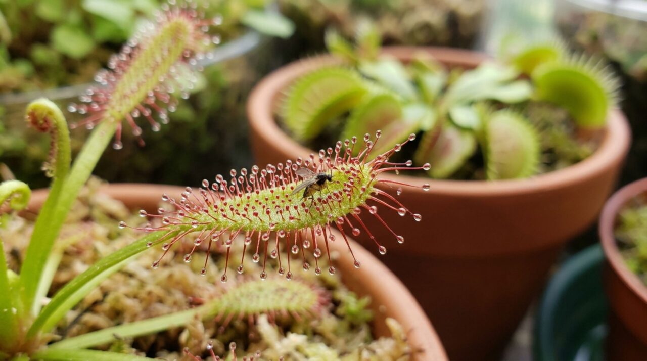 As folhas pegajosas das droseras mostram como plantas carnívoras capturam pequenos insetos sem substituir o controle adequado de pragas