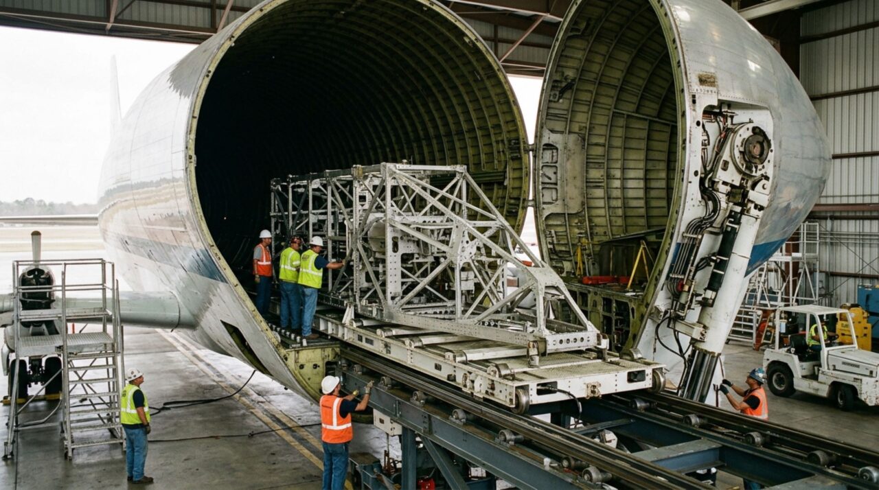 A seção dianteira articulada do Super Guppy gira lateralmente para liberar quase toda a abertura do porão e permitir a entrada de cargas superdimensionadas