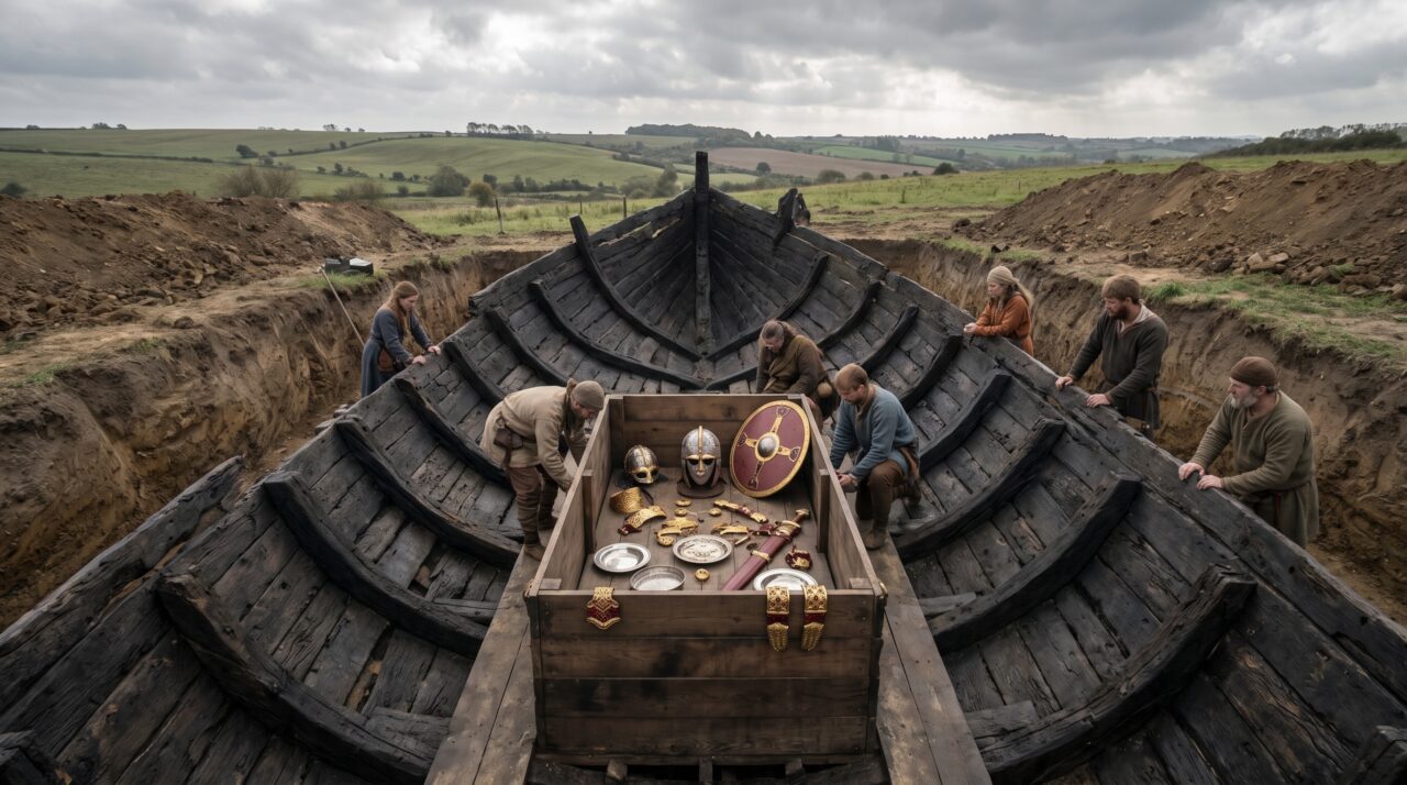 Um navio funerário de 27 metros desapareceu quase inteiro sob o solo inglês porque a acidez destruiu madeira e restos humanos, mas o molde da embarcação, objetos metálicos e fosfato no chão revelaram que Sutton Hoo realmente guardava um corpo