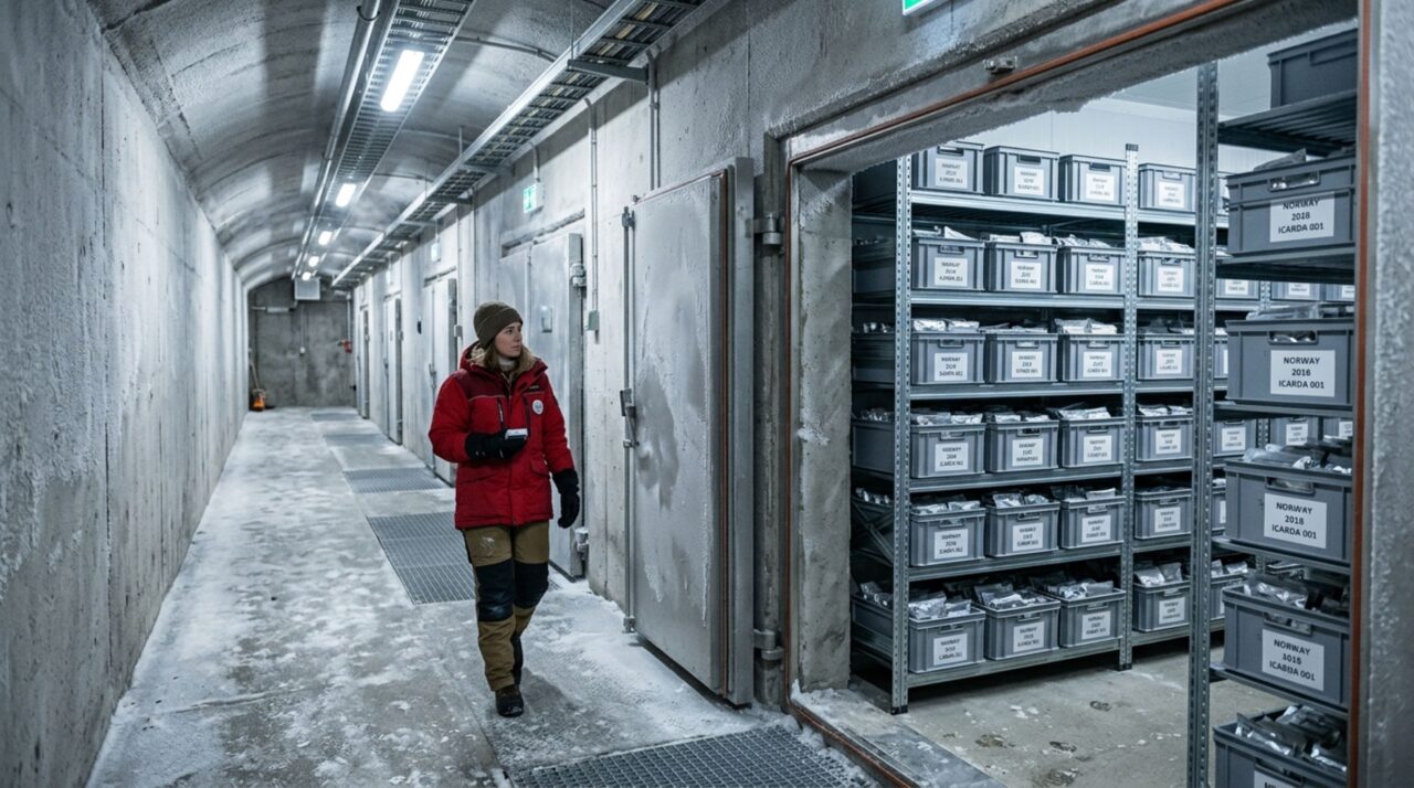 O interior do cofre de sementes de Svalbard mostra como caixas com amostras permanecem armazenadas em câmaras frias para conservação de longo prazo