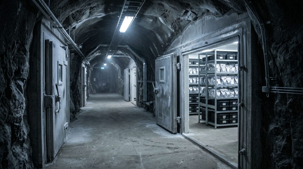 A imagem destaca como o Svalbard Global Seed Vault organiza milhões de amostras em caixas seladas dentro de câmaras subterrâneas mantidas artificialmente a -18 °C