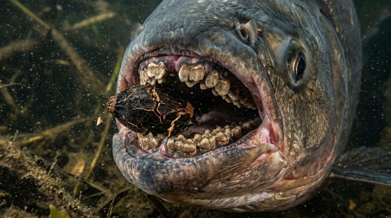 A dentição do tambaqui (Colossoma macropomum) distribui a força da mordida sobre dentes molariformes capazes de quebrar sementes e materiais vegetais duros