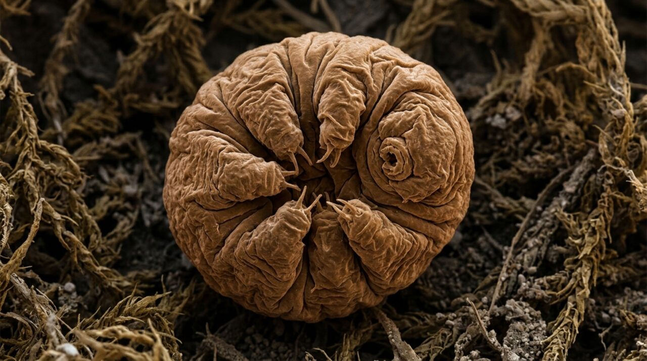 Forma contraída de um tardígrado do filo Tardigrada no estado de anidrobiose chamado tun