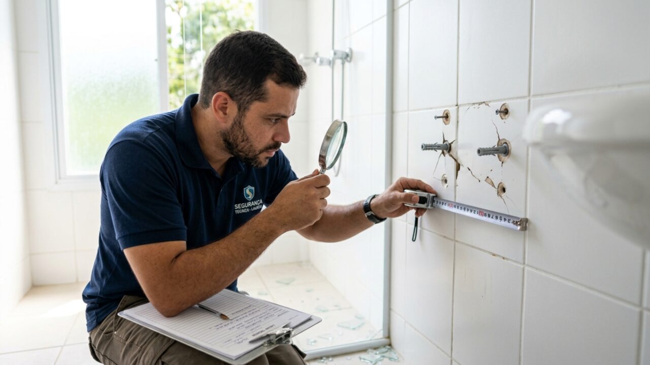 Empresa instala box de vidro no banheiro e estrutura se solta três meses depois, destruindo pia e revestimento recém-colocado