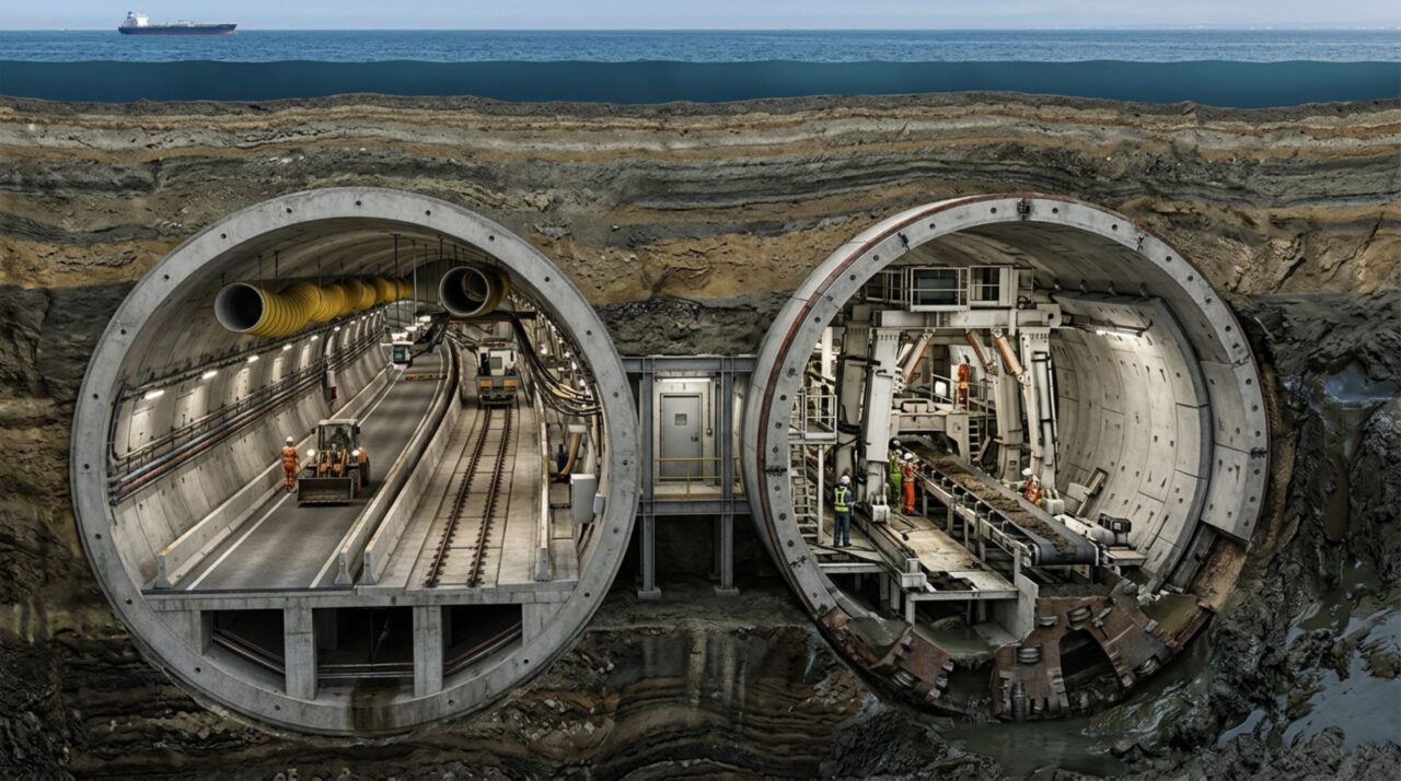 O Aqua Tunnel foi escavado sob o leito da Baía de Tóquio com enormes máquinas shield, permitindo manter livre a superfície usada pelo intenso tráfego de navios