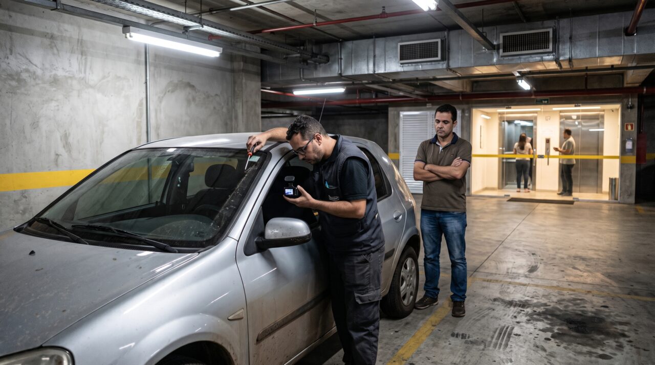 Vizinho instala uma câmera dentro do carro para registrar furtos na garagem e moradora percebe que ela continua filmando mesmo estacionada, apontada diretamente para a entrada dos elevadores