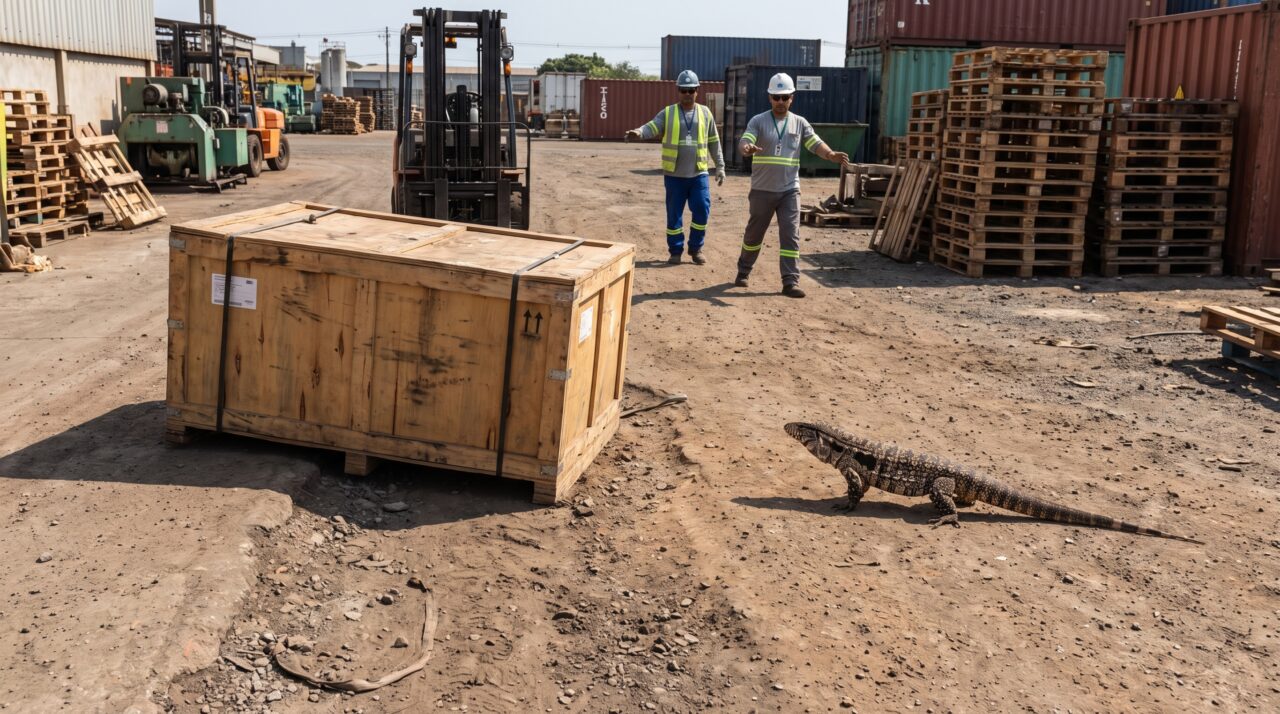 Funcionários de uma área de desembarque percebem que o mesmo teiú usa sempre a mesma trilha de terra como passagem entre uma faixa de sombra e um trecho aberto do pátio, até que a aproximação de uma caixa de carga na rota leva a equipe a suspender o desembarque e redesenhar a circulação com estacas e corda
