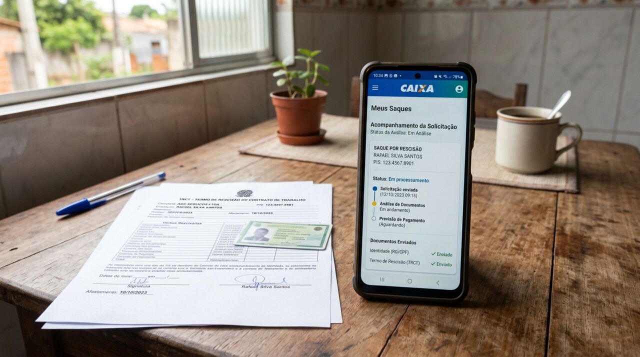Trabalhador é demitido e acredita que precisa enfrentar fila em uma agência para pedir o FGTS, abre o celular e descobre quais solicitações podem ser feitas pelo aplicativo