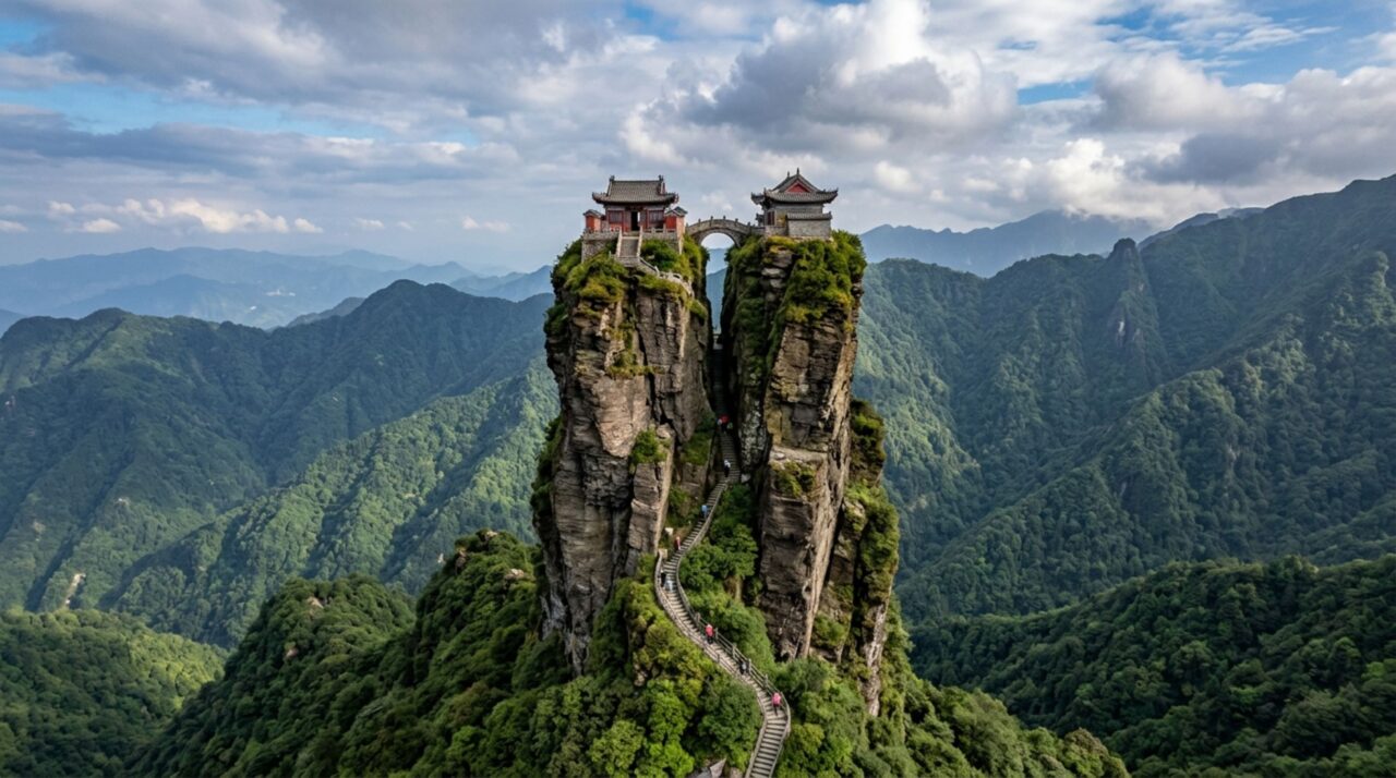Nas montanhas da China, templos construídos a mais de 2.000 metros de altitude ficam sobre um pináculo quase vertical cercado por escadas estreitas e caminhos encaixados diretamente na rocha