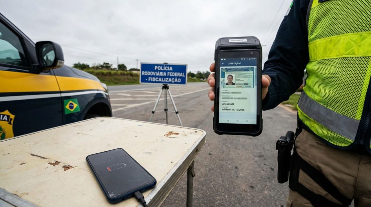 Motorista é parado em blitz, agente solicita a habilitação e o celular descarrega antes de abrir a CNH Digital, condutor diz que não levou a carteira física e questiona se pode ser multado