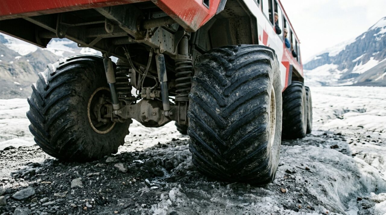 Detalhe das seis rodas gigantes do veiculo Terra Bus Foremost na geleira Athabasca