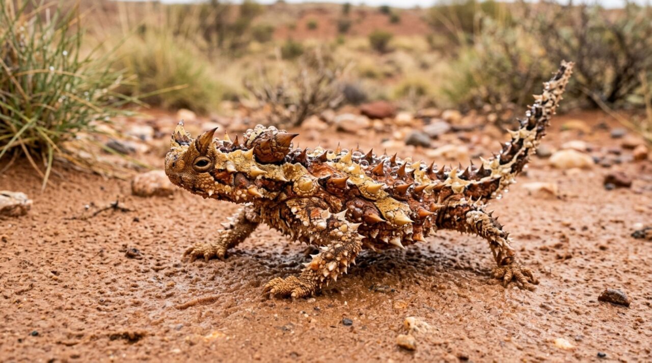 No deserto australiano, um pequeno lagarto consegue captar água que toca diferentes partes do corpo e conduzi-la por microscópicos canais entre as escamas até a região da boca sem precisar mergulhar o focinho em uma poça