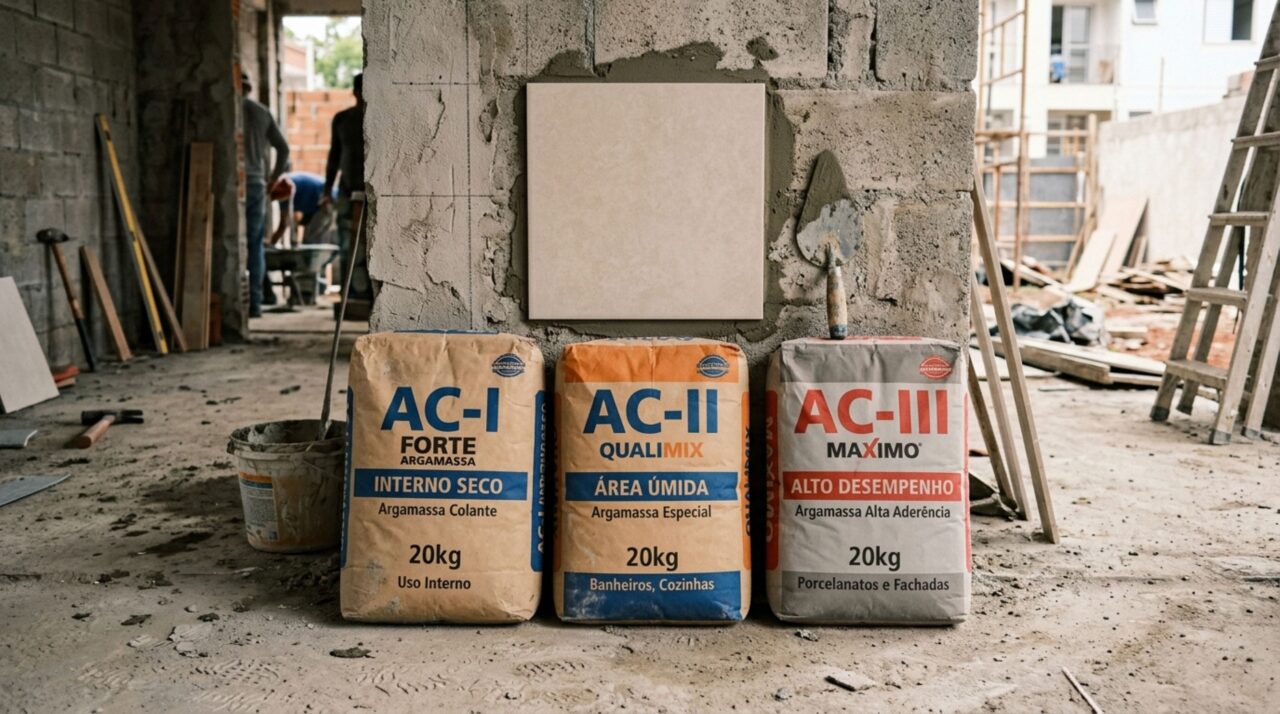 Em vez de escolher a argamassa pelo preço do saco, olhe a letra, a AC-I só serve para área interna seca e peça de até 60 por 60, a AC-II aguenta umidade e vento, e a AC-III é obrigatória em porcelanato, peça grande, piso sobre piso, piscina e churrasqueira