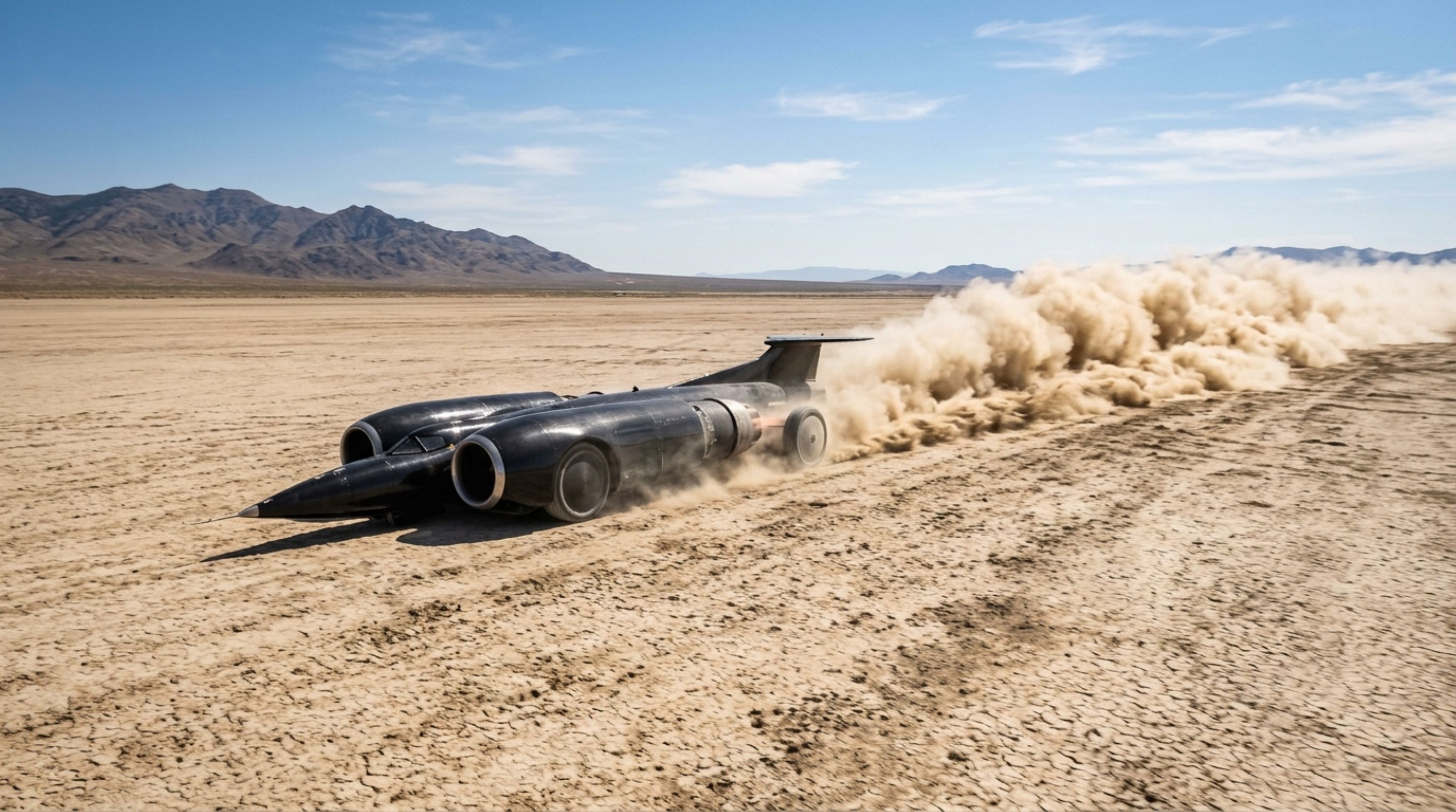 O carro de 10,6 toneladas com dois motores de caça e 110 mil cavalos que atingiu 1.227,985 km/h no deserto e quebrou a barreira do som no solo