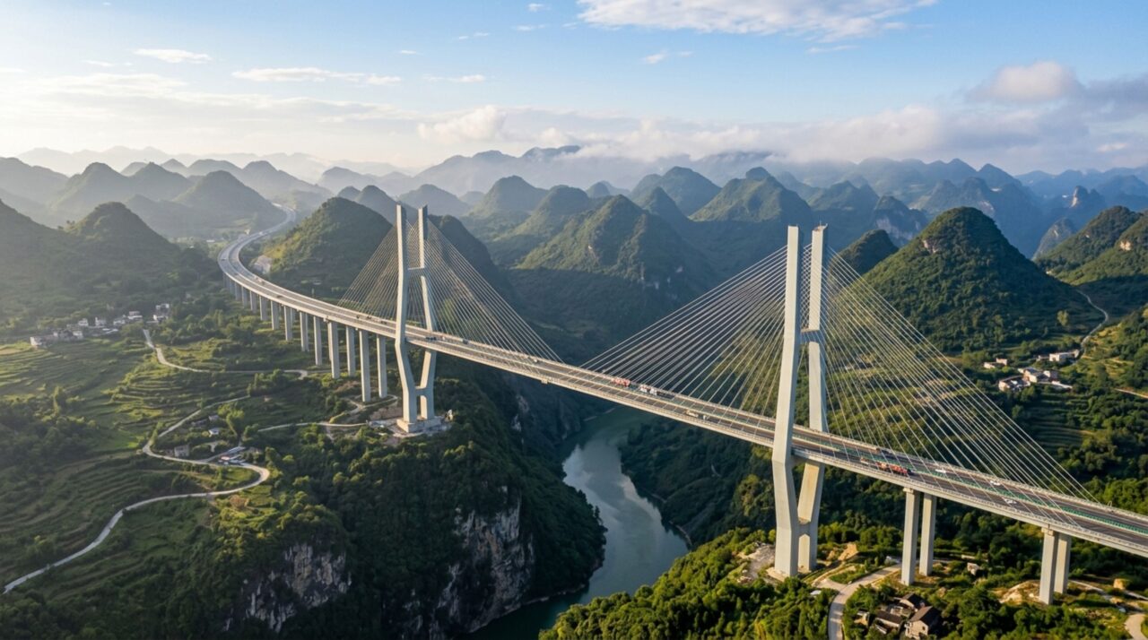 Para atravessar um vale sem construir pilares no centro, esta ponte utiliza um único arco de 600 metros que transfere as enormes cargas do tabuleiro para fundações instaladas nas duas margens