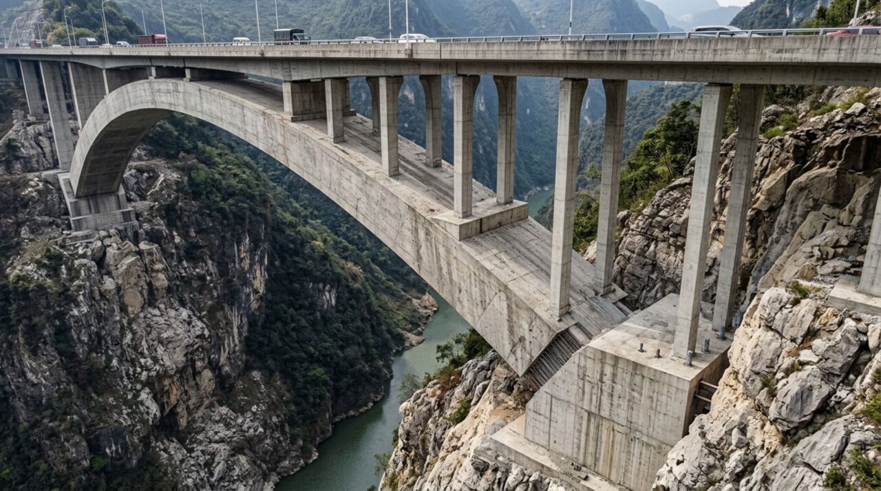 O tabuleiro descarrega seu peso nas colunas, que transferem as forças para o arco e depois para os arranques e fundações nas margens