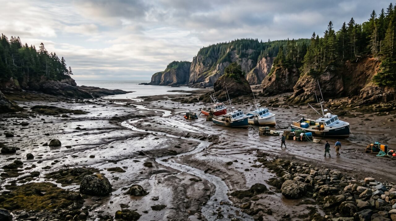 Uma praia desaparece duas vezes por dia sob uma das maiores marés do planeta e deixa barcos apoiados no fundo antes de a água voltar