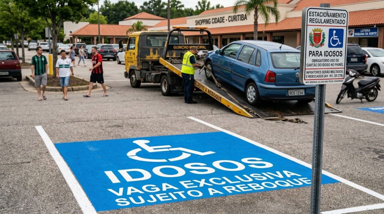 Motorista para por poucos minutos em vaga de idoso sem credencial para buscar remédio, fiscalização chega e carro é removido, além da multa gravíssima