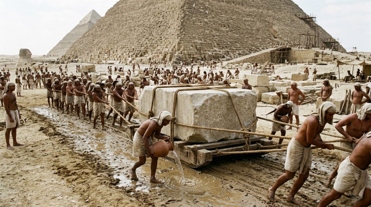A imagem destaca uma das etapas mais bem sustentadas da construção da Grande Pirâmide de Gizé, com blocos sendo deslocados em trenós e puxados por equipes antes de sua elevação e posicionamento