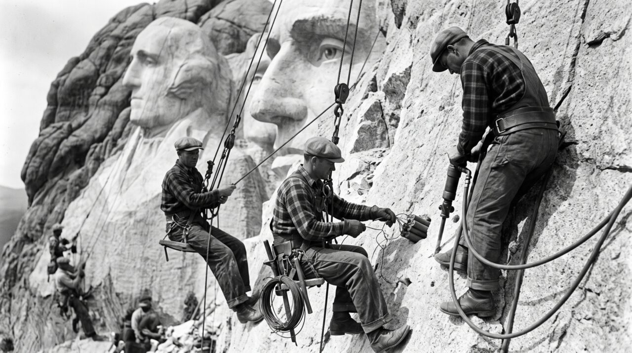 Mais de 90% do Monte Rushmore foi esculpido com dinamite entre 1927 e 1941, enquanto quase 400 trabalhadores desciam presos por cabos diante da montanha, e nenhum deles morreu durante os 14 anos de obra