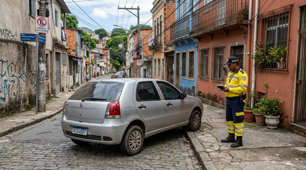 Motorista estaciona carro com duas rodas sobre a calçada para deixar passagem livre na rua, fiscalização chega ao local e condutor afirma ter feito isso justamente para não atrapalhar o trânsito