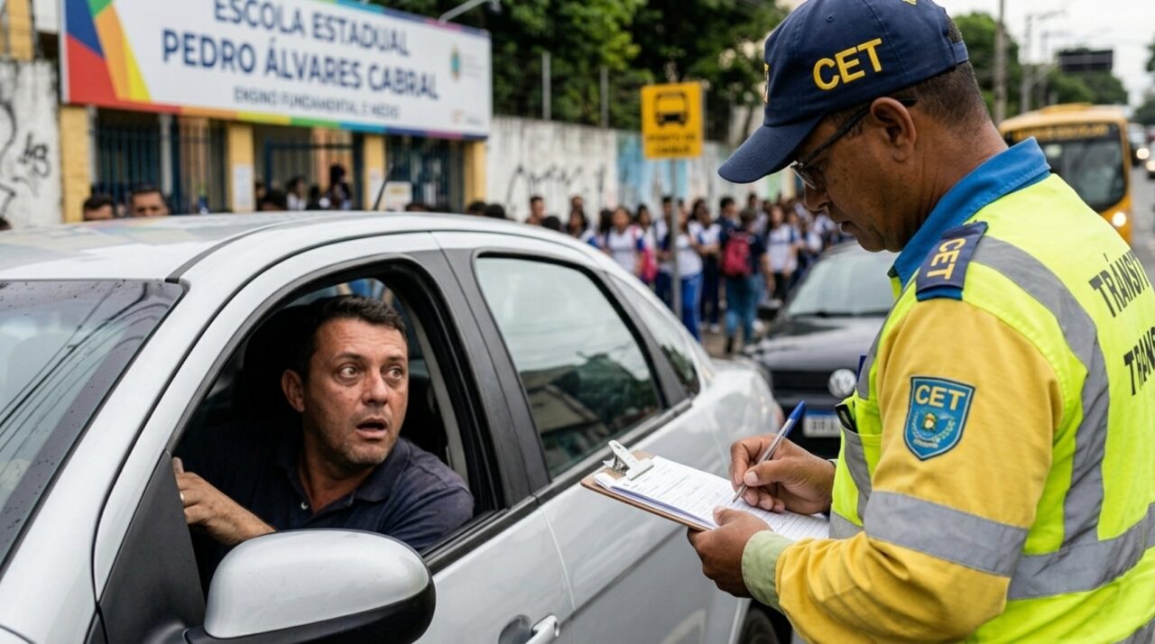 Motorista para em fila dupla por 40 segundos para deixar filho na escola e recebe multa de R$ 195, enquanto caminhão de mudança bloqueia a mesma rua por 4 horas com autorização da CET