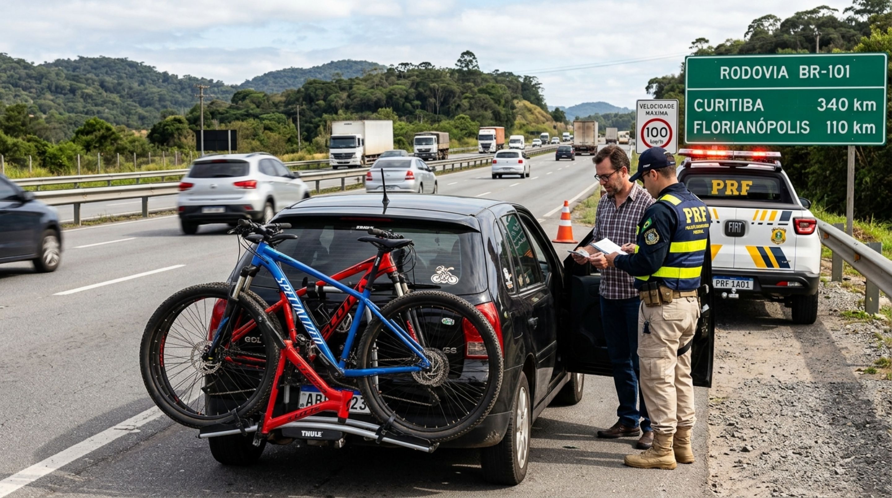 Motorista precisava levar duas bicicletas para uma viagem, ao colocar o suporte traseiro, percebe que a placa do carro ficou parcialmente escondida, decide seguir viagem mesmo assim, e fiscalização explica o que precisa continuar visível - QTU Questões do Universo