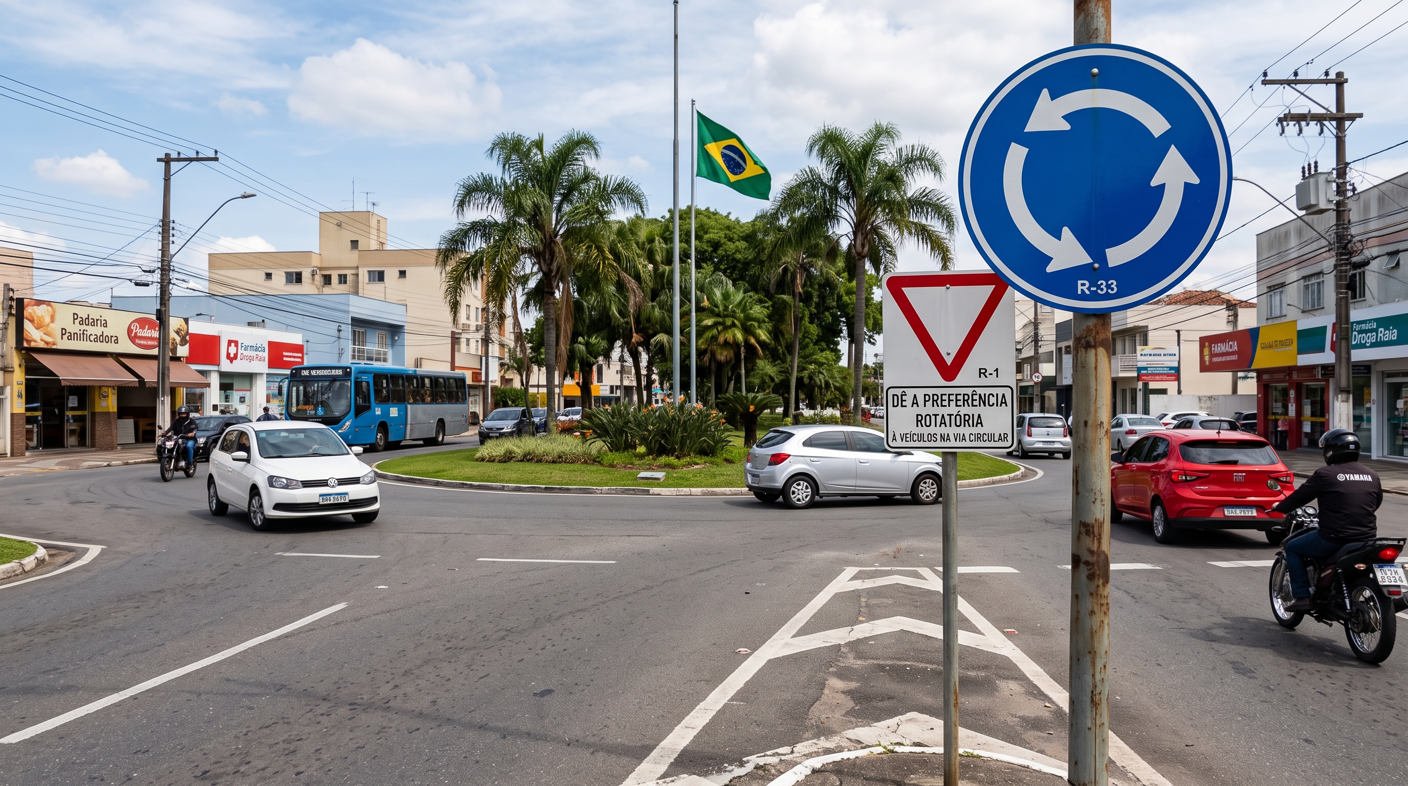 Regra de preferência em cruzamentos com rotatórias não sinalizadas.