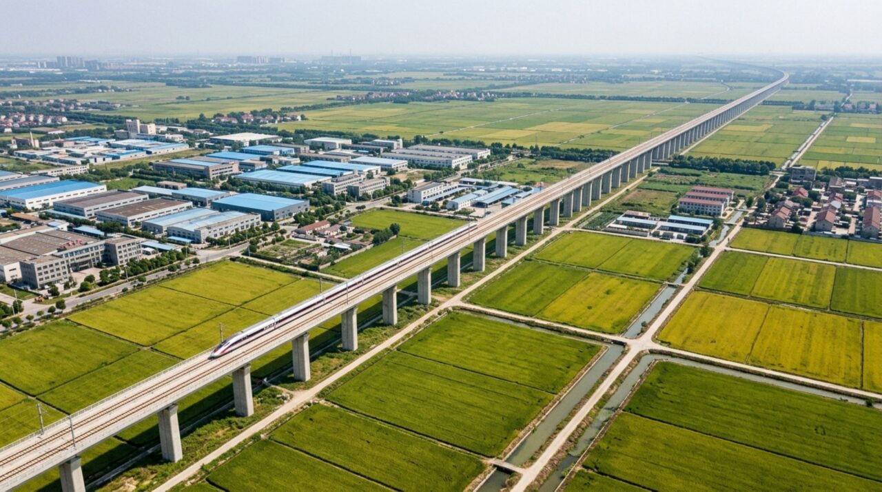 Na China, uma ponte ferroviária se estende por aproximadamente 164 quilômetros sobre rios, campos e áreas urbanas, apoiada em milhares de pilares para manter um traçado de alta precisão para trens de alta velocidade