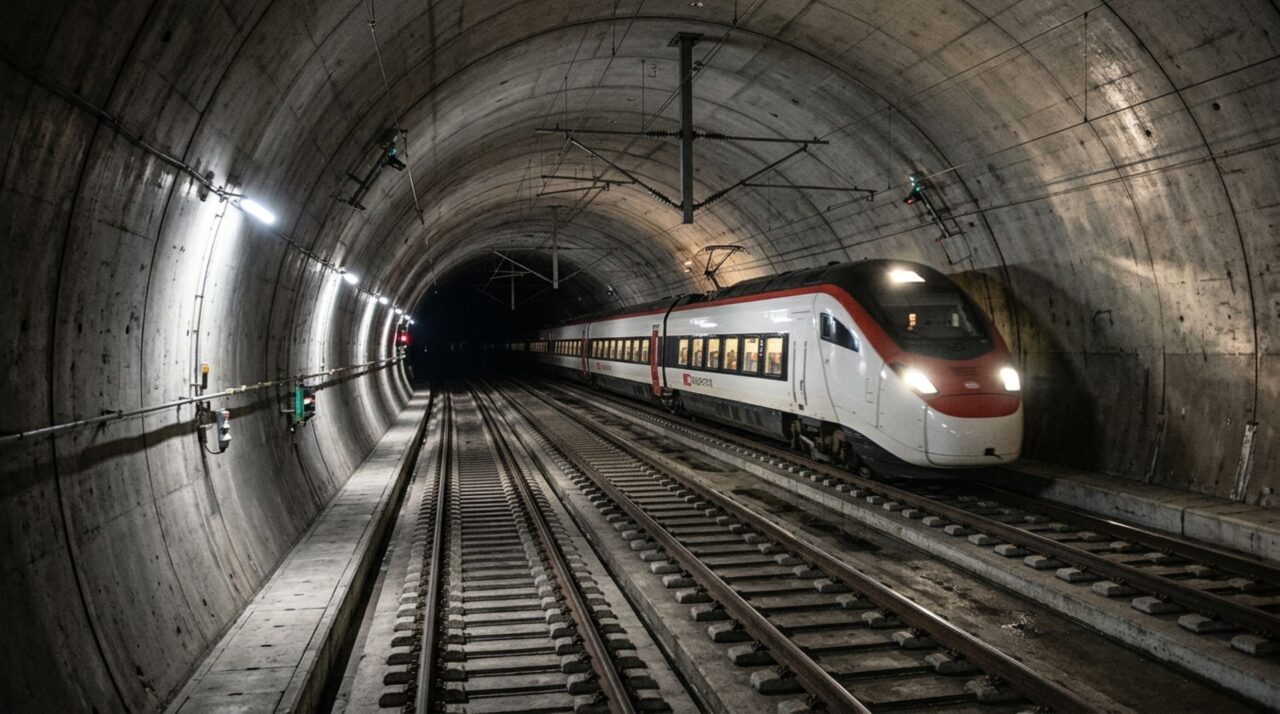Sob os Alpes, dois túneis paralelos atravessam 57 quilômetros de montanha e chegam a ficar cobertos por até 2.300 metros de rocha, enquanto trens de passageiros podem circular pelo interior a velocidades de até 250 km/h