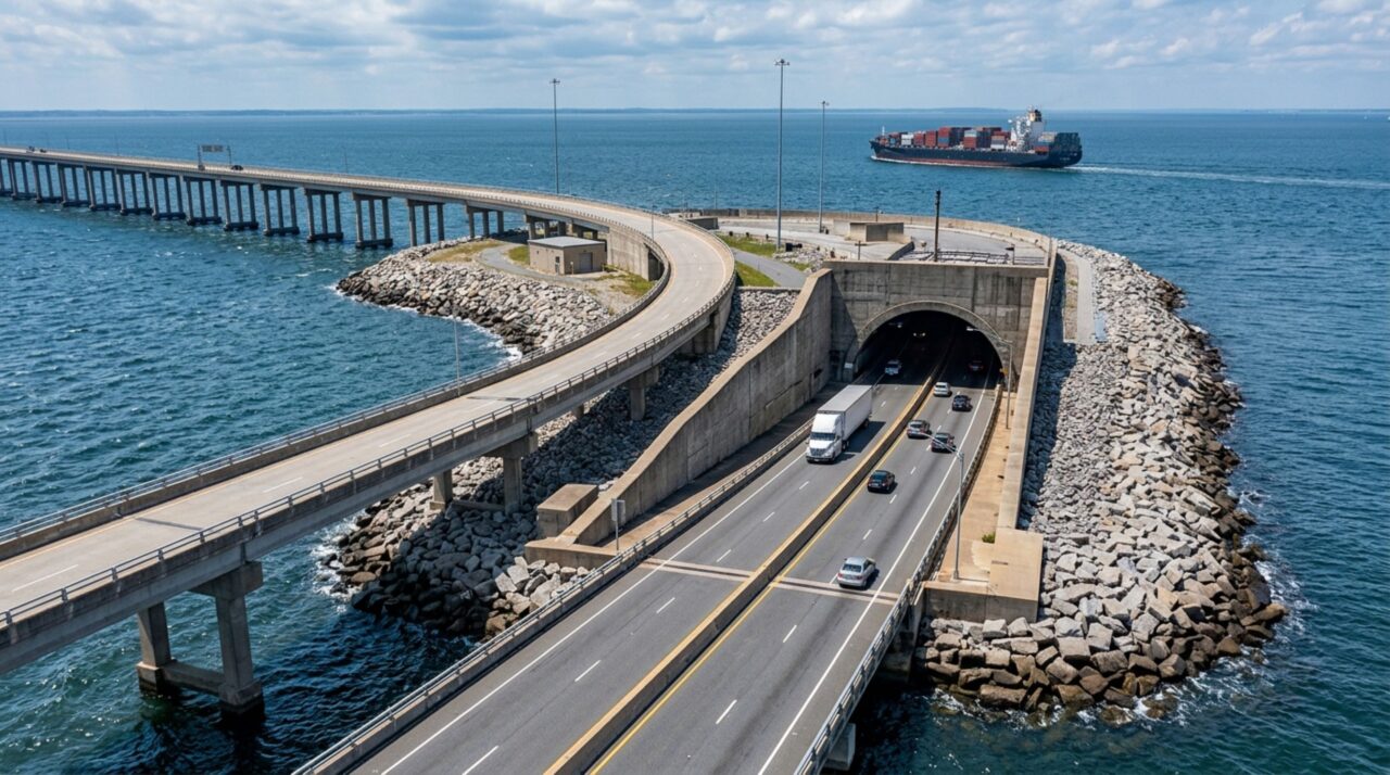 As ilhas artificiais funcionam como pontos de transição onde a estrada deixa os elevados e mergulha sob os canais marítimos do Chesapeake Bay Bridge-Tunnel