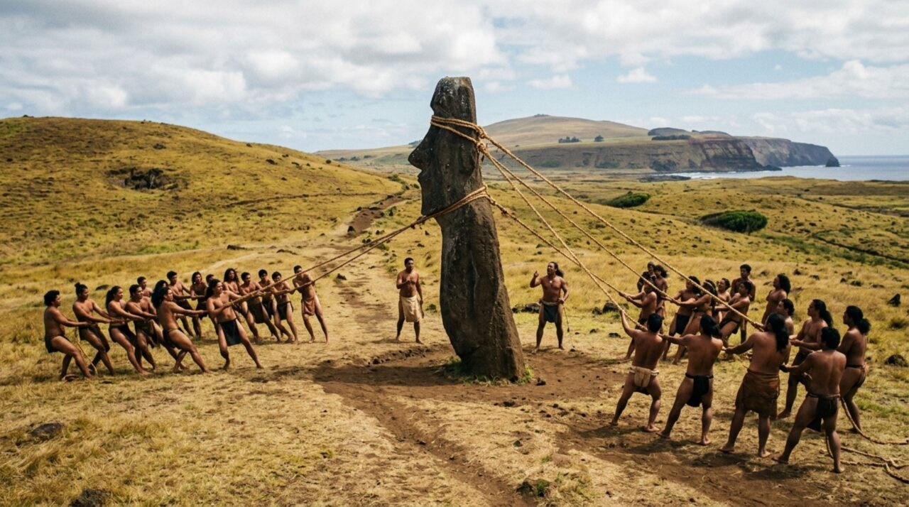 A hipótese do transporte vertical dos moais de Rapa Nui mostra como equipes poderiam usar cordas para fazer as grandes esculturas avançarem por movimentos alternados