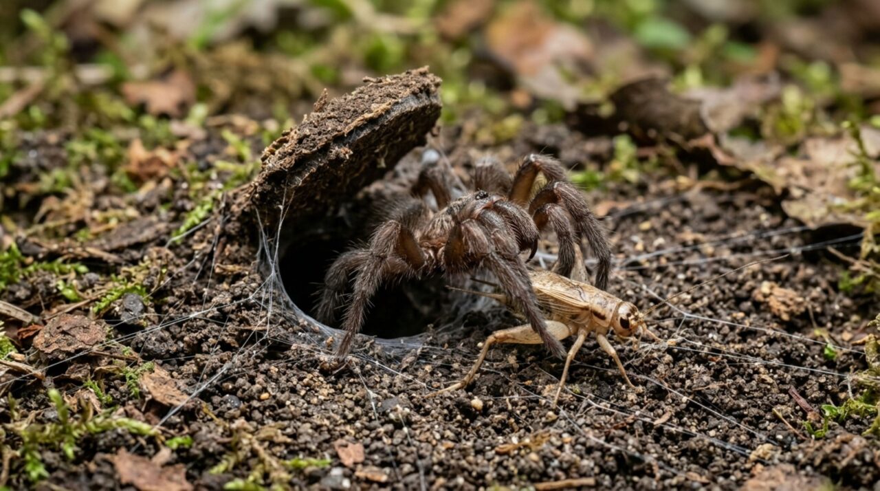 Os fios de seda ao redor da toca ajudam as aranhas-de-alçapão a perceber vibrações e reagir rapidamente quando uma presa entra no alcance da emboscada